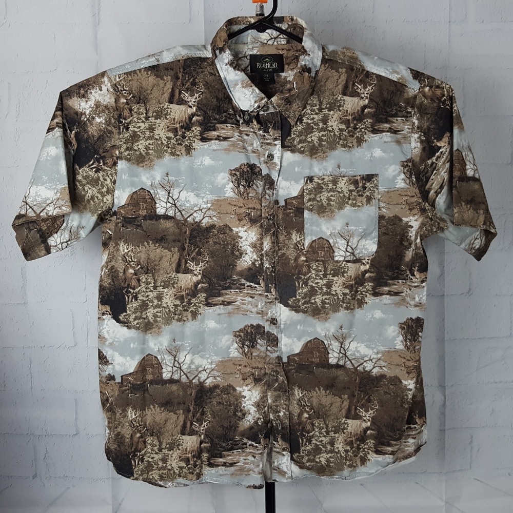 Mens Red Head Farm Scene Camouflage Short Sleeve